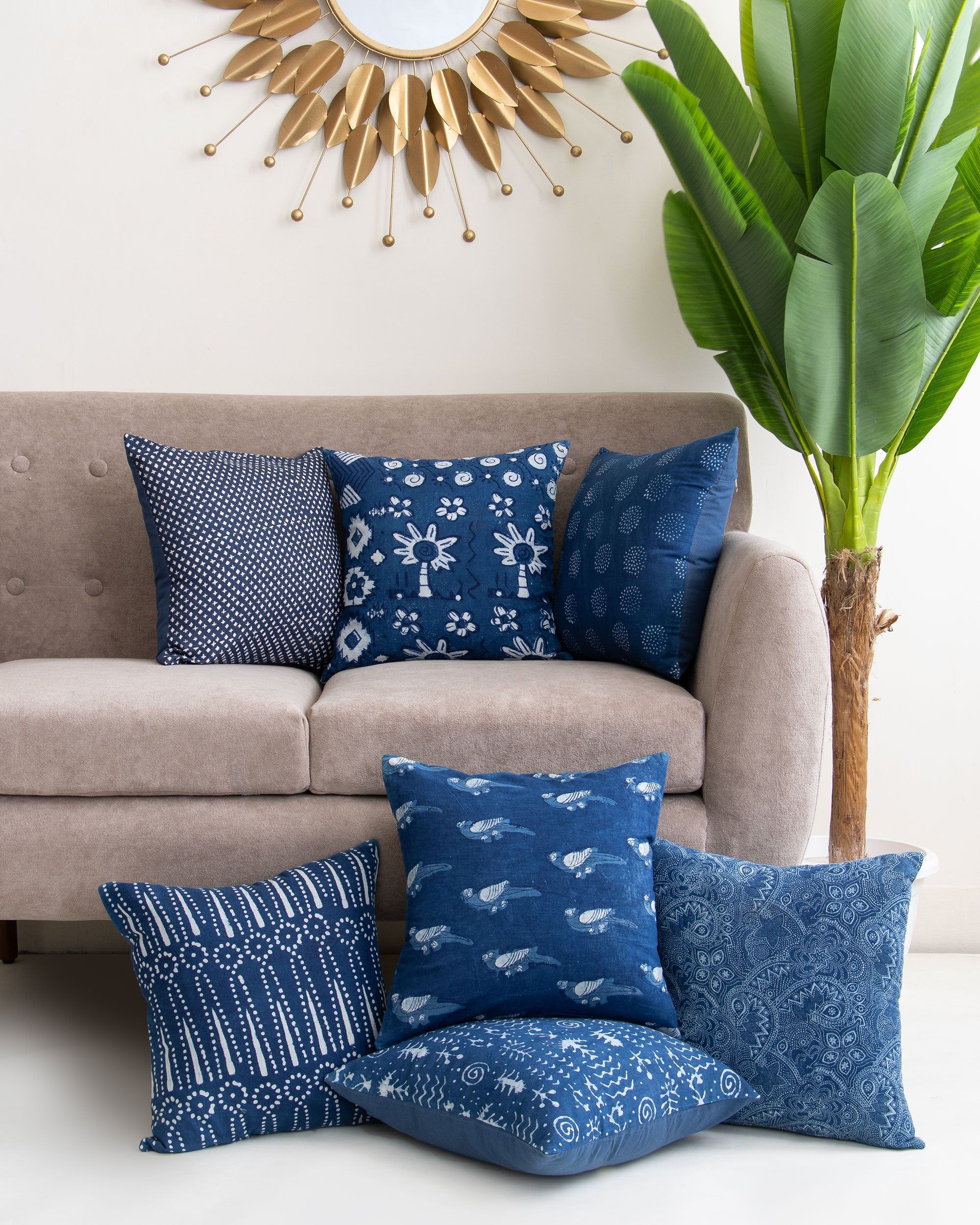 Assorted Indigo Hand Block Printed Cotton Cushion Cover